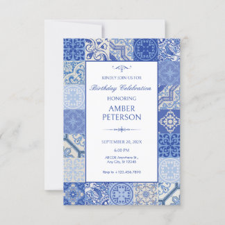 Blue Ethnic Boho Mediterranean Tiles Geburtstag Einladung