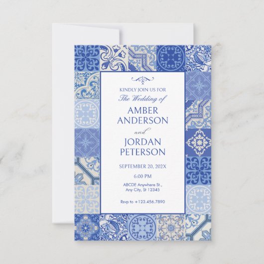 Blue Ethnic Boho Mediterranean Tiles Hochzeit Einladung (Vorderseite)