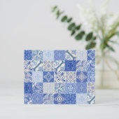 Blue Ethnic Boho Mediterranean Tiles Postkarte (Stehend Vorderseite)