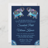 Blue Ethnic Elephants Indian Wedding Einladung (Vorderseite)