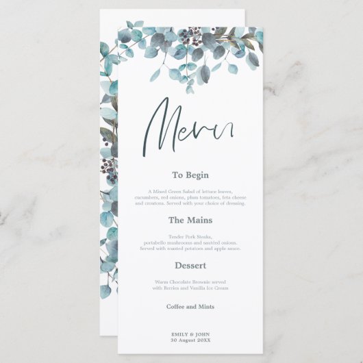 Blue Eucalyptus Blätter Stilvolle Script Hochzeit Menükarte (Vorne/Hinten)