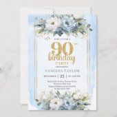 Blue Eucalyptus Gold Accent 90th Birthday Invite Einladung (Vorderseite)