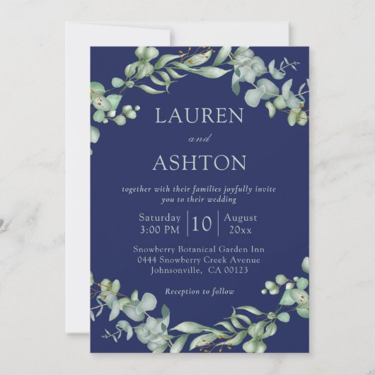 Blue Eucalyptus Greenery Wedding Einladung (Vorderseite)