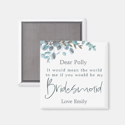 Blue Eucalyptus Leaf Script Bridesmaid-Anfrage Magnet (Vorderseite/Rückseite)