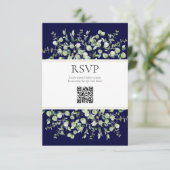 Blue Eucalyptus QR Code Wedding RSVP Begleitkarte (Stehend Vorderseite)