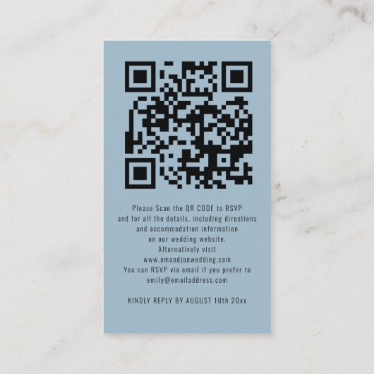 Blue Eucalyptus Script QR Code Wedding RSVP Begleitkarte (Rückseite)