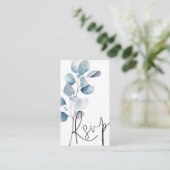 Blue Eucalyptus Script QR Code Wedding RSVP Begleitkarte (Stehend Vorderseite)