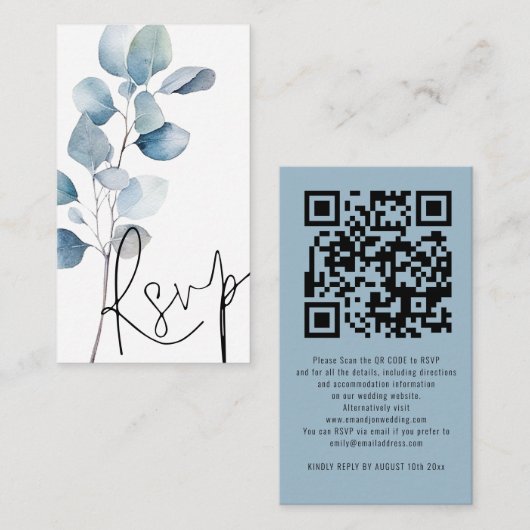 Blue Eucalyptus Script QR Code Wedding RSVP Begleitkarte (Vorne/Hinten)
