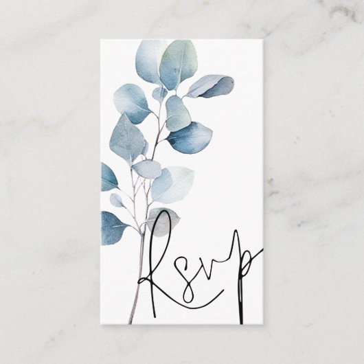 Blue Eucalyptus Script QR Code Wedding RSVP Begleitkarte (Vorderseite)