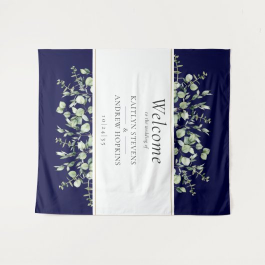 Blue Eucalyptus Wedding Welcome Wandteppich (Vorderseite (Horizontal))