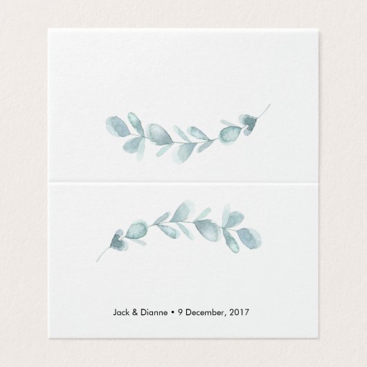 Blue Eucalyptus Zelt Cards | Hochzeitsplatzkarten (Außenseite Aufgefaltet)