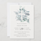 Blue Eukalyptus Fern Foliage Cross Baptisse Einlad Einladung (Vorderseite)