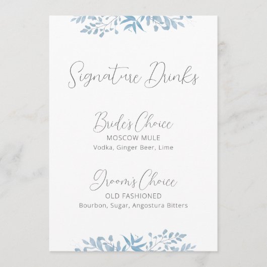 Blue Eukalyptus Wedding Signature Drinks Zeichen (Vorderseite)