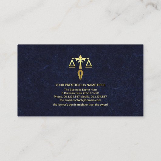 Blue Exquisite Marble Gold Justice Scales Lawyer Visitenkarte (Rückseite)