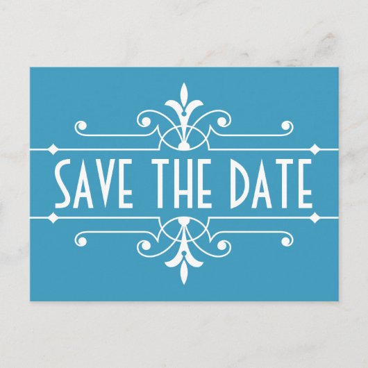 Blue Extravagant Ornamental Save the Date Postkart Ankündigungspostkarte (Vorderseite)