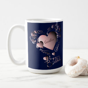 Blue&Extravagant Pink 3D Hearts, "Happy Birthday", Kaffeetasse