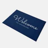 Blue Extravagant Script "Welcome" Personalisiert Fußmatte (Schrägansicht)