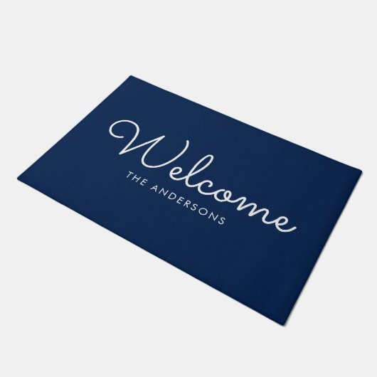 Blue Extravagant Script "Welcome" Personalisiert Fußmatte (Schrägansicht)