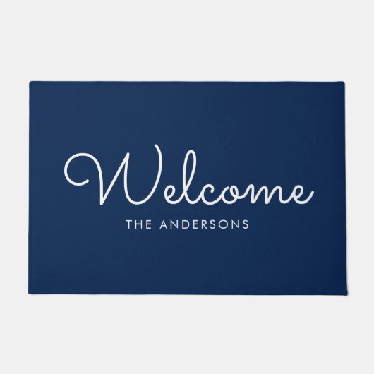 Blue Extravagant Script "Welcome" Personalisiert Fußmatte (Vorderseite)