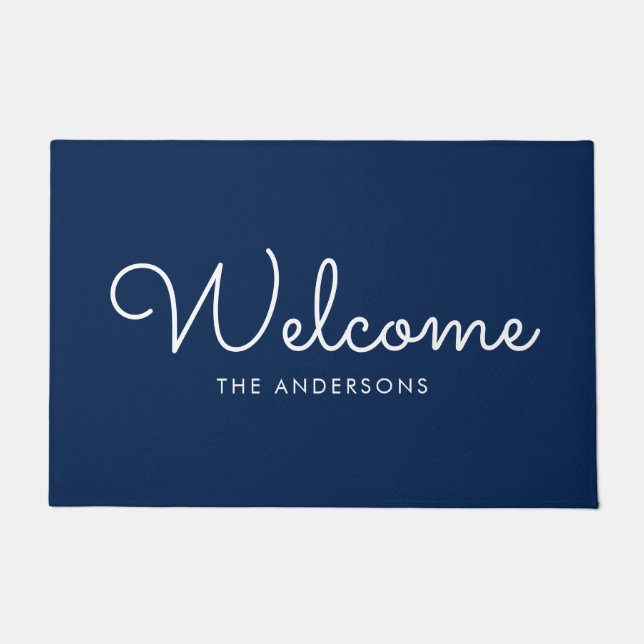 Blue Extravagant Script "Welcome" Personalisiert Fußmatte (Vorderseite)