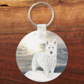 Blue eyed, white Husky, in snow Schlüsselanhänger (Rückseite)