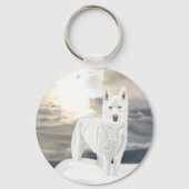 Blue eyed, white Husky, in snow Schlüsselanhänger (Rückseite)