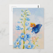 Blue Faion Delphinium Blume Watercolor Postkarte (Vorne/Hinten)