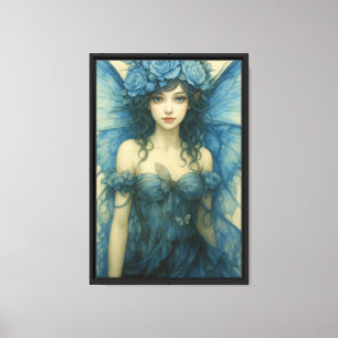 Blue Fairy Girl mit Flügeln und Rose Leinwand Art