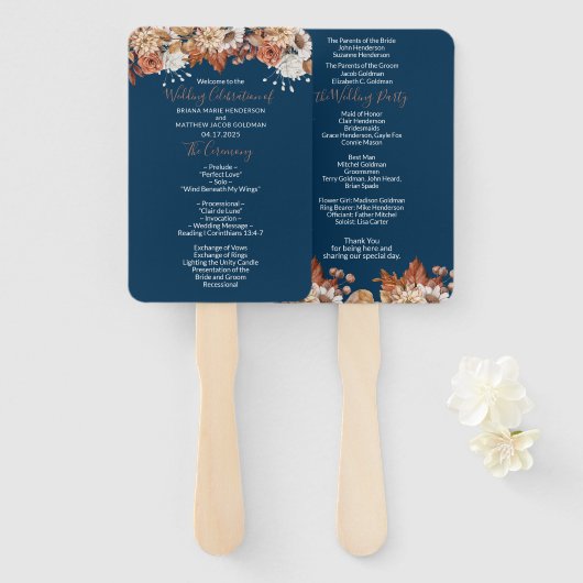 Blue Fall Floral Bouquet Hochzeitsprogramm Hand Fa Fächer (Vorne und Hinten)