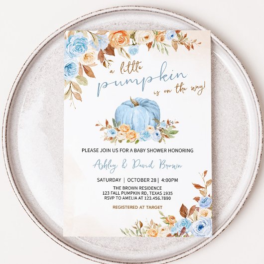 Blue Fall Floral Pumpkin Baby Dusche Einladung