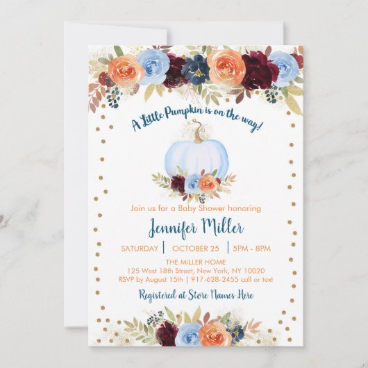 Blue Fall Pumpkin Floral Baby Dusche Einladung (Vorderseite)