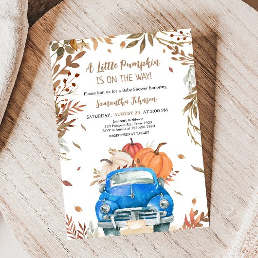 Blue Fall Pumpkin Truck Baby Dusche Einladung
