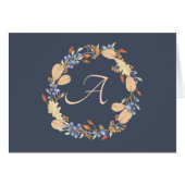 Blue Fall Wreath Script Monogram Mitteilungskarten (Vorderseite (Horizontal))