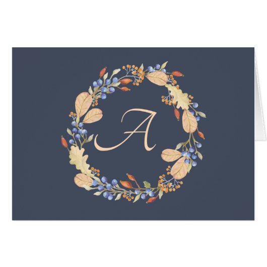 Blue Fall Wreath Script Monogram Mitteilungskarten (Vorderseite (Horizontal))