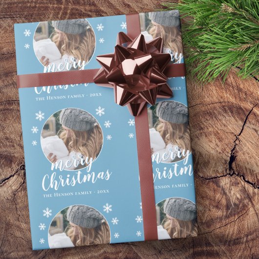 Blue Family Foto Snowflake Frohe Weihnachten Geschenkpapier