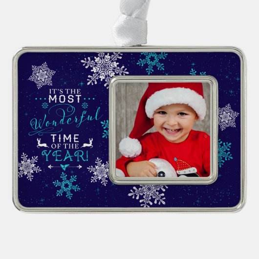 Blue Family Foto Weihnachten Die schönste Zeit Rahmen-Ornament Silber (Vorderseite)