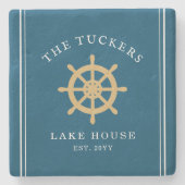 Blue Family Name Lake House Nautical Ship's Wheel Steinuntersetzer (Vorderseite)