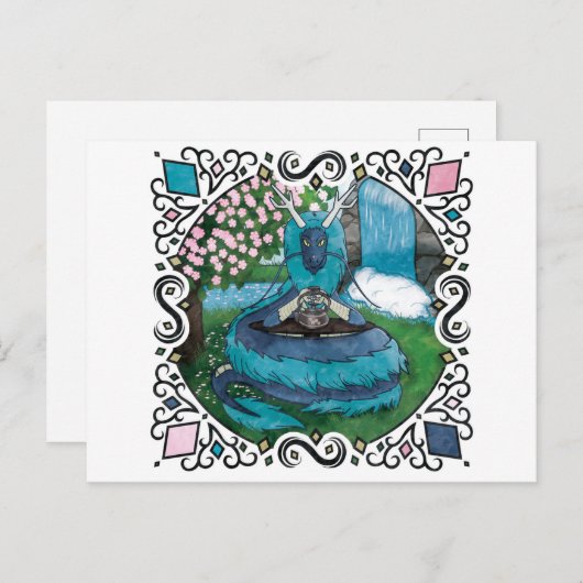 Blue Fantasy Eastern Dragon Tea Time Postkarte (Vorne/Hinten)
