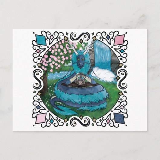 Blue Fantasy Eastern Dragon Tea Time Postkarte (Vorderseite)