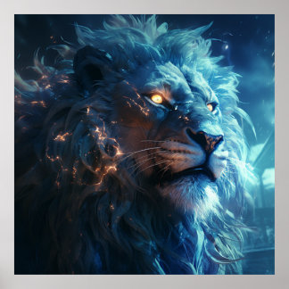 Blue Fantasy Lion Face mit Gold Eyes Poster