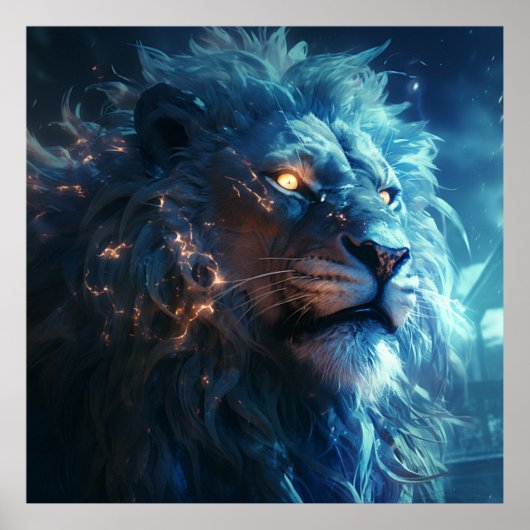 Blue Fantasy Lion Face mit Gold Eyes Poster (Vorne)
