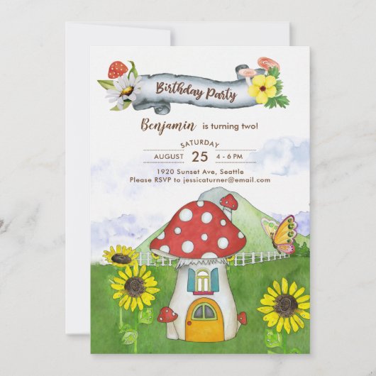 Blue Fantasy Woodland Toadstool House Fun Geburtst Einladung (Vorderseite)