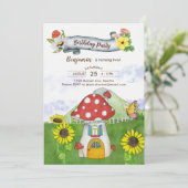 Blue Fantasy Woodland Toadstool House Fun Geburtst Einladung (Stehend Vorderseite)