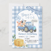 Blue Farm Animals Three-i-e-i-o 3rd Birthday Einladung (Vorderseite)