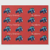Blue Farm Tracker auf Red Christmas Wrapping Paper Geschenkpapier (Flach)