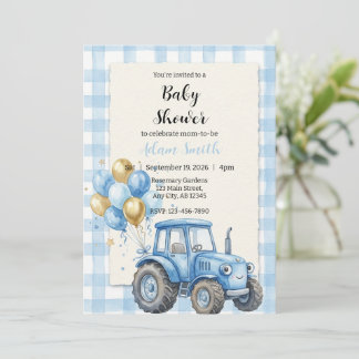 Blue Farm Tractor Boy Baby Shower Einladung