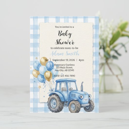 Blue Farm Tractor Boy Baby Shower Einladung (Stehend Vorderseite)