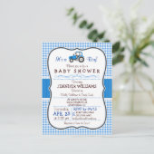 Blue Farm Traktor Boy Baby Dusche Einladung (Stehend Vorderseite)
