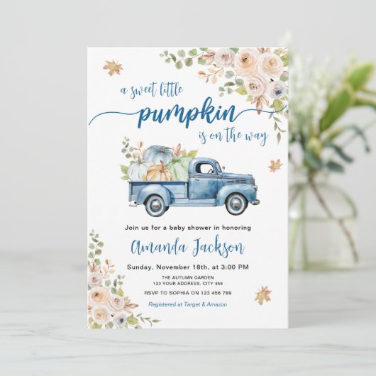 Blue Farm Truck Kleine Pumpkins Baby Dusche Einladung (Stehend Vorderseite)
