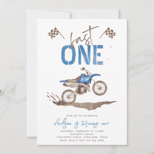Blue Fast One Dirt Bike Einladung (Vorderseite)
